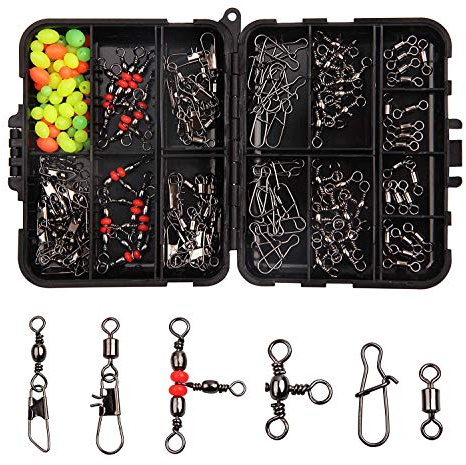 JSHANMEI 140pcs Fishing Swivels Tackle Kit, Include Ball Bearing Barrel Swivels, 3 Way Swivels, Fishing Swivels with Snaps, High Strength Swivels Fishing Tackle Box for Bass Trout Freshwater Saltwater