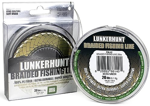 LUNKERHUNT Premium Braided Fishing Line, Innovative 8 Strand 00% PE Fibre (20 Lbs, 150 Yards) Super Soft, Ultra Durable, Super Sensitive Long Casting | PRO Performance for Saltwater or Freshwater