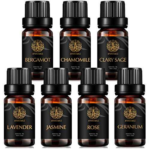 Set di Oli Essenziali di Rosa per Diffusore di Aromaterapia, Kit di Olio Essenziale di Camomilla da 7x10ml per Umidificatore - Set di Oli Essenziali di Bergamotto, Salvia Sclarea, Gelsomino, Geranio