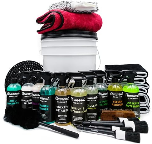 Cleaneed Premium Profi Auto Reinigungsset [26 Teile] – Umfassendes Autopflege Set – Alles für die Reinigung und Pflege deines Autos - Autowasch, Auto Putz Set, Autoreinigung