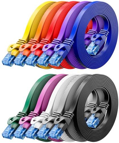 deleyCON 10x 2m CAT6 Câble Réseau Plat 1000 Mbit Gigabit LAN - Cat 6 RJ45 Ethernet Câble Patch Mince Plat - pour Internet Switch Routeur Modem Panneau Patch - Coloré