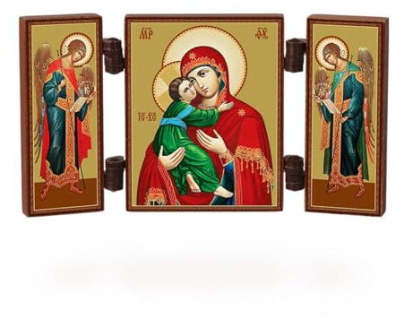 NKlaus - Mère de Dieu de Vladimir - icône chrétienne triptyque - petit autel de voyage en bois 36160