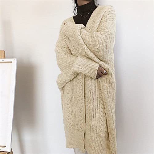Cardigan Femme Vintage Beige Col V Lâche Chunky À Manches Longues Pull en Tricot Manteau Doux Garder Au Chaud Tricots Survêtement Mi-Long, Taille Unique