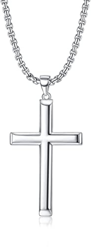 KRFY Collana con Ciondolo a Croce in Argento 925 Lucido con Bordo Smussato per Uomo Donna Collana con Catena a Croce Figaro in Acciaio Inossidabile da 5 mm con Taglio a Diamante Collana