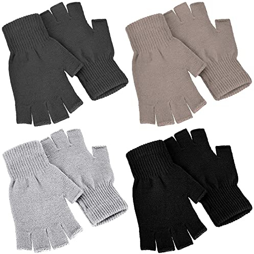 Nuanchu 4 Paires Gants Demi-Doigts d'Hiver Tricotés Mitaines sans Doigts Chauds Extensibles (Noir, Gris Foncé, Kaki, Gris Clair)