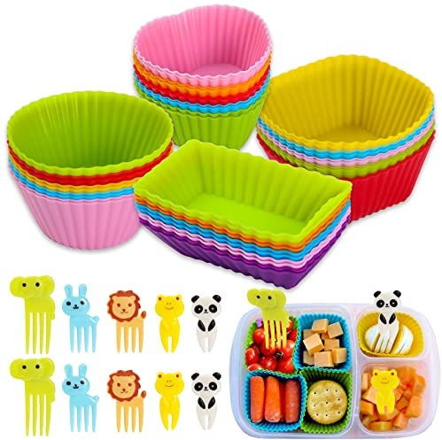 DGYJJZ 50 separadores de silicona para lonchera, accesorios para caja bento, forros de silicona para cupcakes, accesorios para lonchera con 10 palillos de alimentos