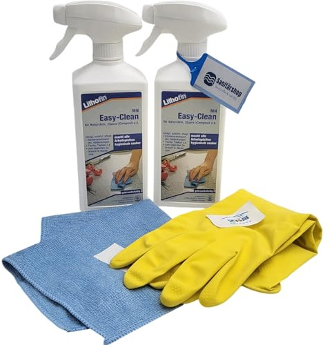 zbs24 Lithofin MN Easy-Clean Sprühflasche, Reiniger für Küchenarbeitsplatten, Tische und den Sanitärbereich, Set mit Handschuhen und praktischem Mikrofasertuch 30x30cm (2 x 500ml)