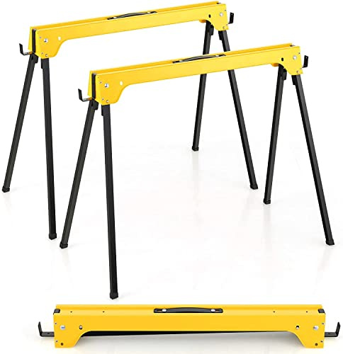 GiantexUK Folding Sawhorses Pack of 2, Twin Pack Workbench with Handle & Non-Slip Footpads, Lightweight Portable Metal Trestle Stands, 227 kg Load Capacity (Yellow) | Twin Pack Workbench with Handle & Non-Slip Footpads, Lightweight Portable Metal Trestle Stands, 227 kg Load Capacity