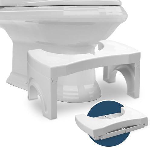 BUDDLEY® Toilettenhocker Kunststoff - Klohocker für richtige Haltung - Toilettenhocker Erwachsene und Kinder - WC Hocker für natürliche Hockposition - Badezimmerhocker (Weiss, L, klappbar)