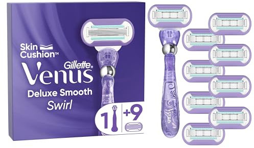 Gillette Venus Deluxe Rasoio Donna Smooth Swirl, 1 Manico e 9 Lamette donna di Ricambio (da 5 Lame), con Tecnologia FlexiBall, Rasatura Ottimale, idea regalo