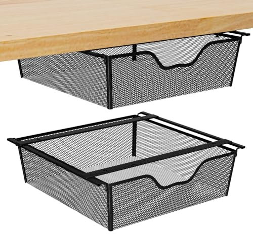 Nandae 2 Pack Pull Out Basket Storage Under Shelf , Under Cabinet Hanging Drawer, Metal Wire Mesh Storage Basket Organizer for Kitchen, Office, Wardrobes, Cupboard Storage Black