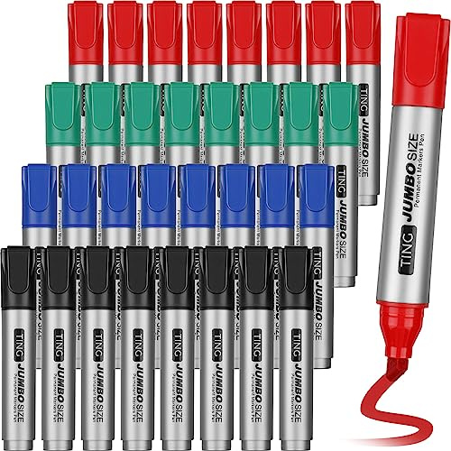 Fuutreo 32 Pcs Jumbo Permanent Markers Bulk Large Chisel Tip Permanent Markers Waterproof Jumbo Pens Quick Drying Office Supplies(Black, Green, Blue, Red)