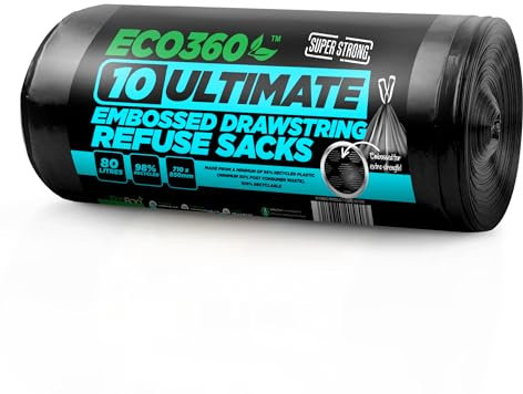 10-Pack Ultimate Embossed Black Drawstring Bin Liner Bin Bag Refuse Sacks Heavy Duty - 80L Capacity | Made from 98% Recycled Material | 100% Recyclable