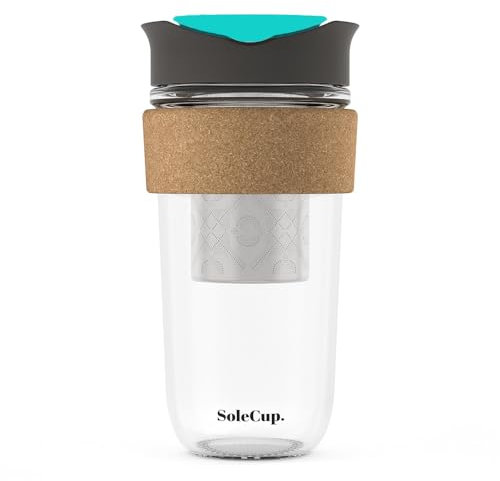 SoleCup. Travel Mug Loose Tea Infuser - Detachable Tea Strainer with Spillproof Lid - BPA-Free Reusable Glass Travel Coffee Cup with Cork Band (Grey and Blue, 530ml / 18oz)