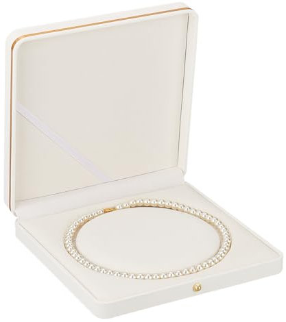 FINGERINSPIRE 19cm Cuadrado de cuero de la PU Perla Collar Caja de lujo suave al tacto Claimond venas Forro Collar Caja de joyería de almacenamiento de regalo Blanco boda collar organizador vitrina