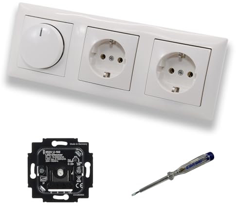 Busch Jäger 6523U-102 LED Drehdimmer Dimmer + Dimmerscheibe 2115-914 und 2 x Steckdose 20EUC-914 in Balance Si alpinweiß glänzend inklusive EBROM Phasenprüfer zur Montage der Geräte 6523 U – 102