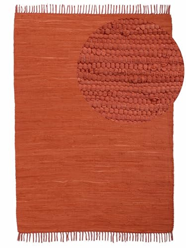 carpetfine Flickenteppich Kelim Chindi Uni Orange 70x140 cm, handgewebt | Fleckerlteppich aus Baumwolle für Wohnzimmermit Fransen