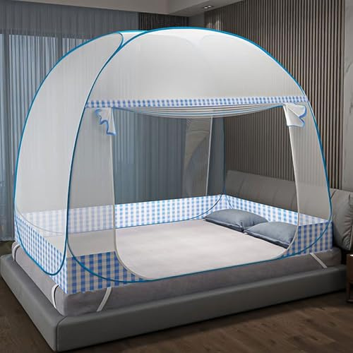Faltbares Moskitonetz - Tragbar für Reise, Doppeltür Pop-Up, Großes Bett für Schlafzimmer, Outdoor, Camping, Picknick (Blau, 200x180x150 cm)