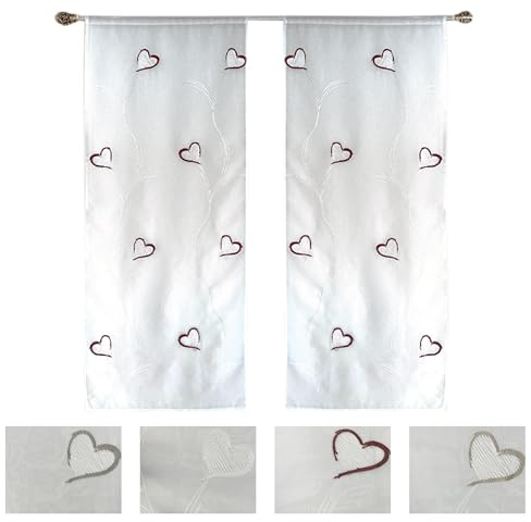 Home Tresor Coppia Tende per Finestra e Portafinestra, Tende a Vetro Ricamate per Soggiorno, Cucina, Camera, Balcone, Semitrasparenti, 2 Pannelli mod. Chanty (Rosso, 60 x 240 cm)