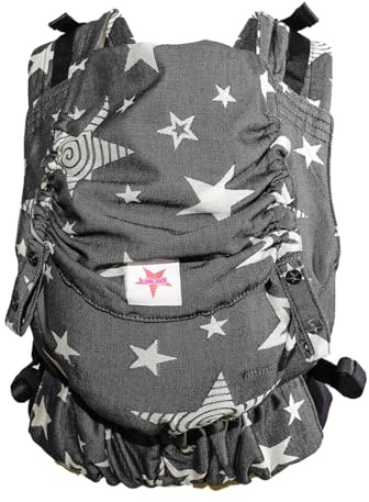 KOKADI Flip X Diorite Stars (Unisize)-Perfekte Kombi aus Fullbuckle & dem Tragen überkreuzt -Ab Geburt - 15 kg,handgefertigt aus 100%Bio-Baumwolle –Ergonomische Babybauchtrage Rückentrage Tragetasche