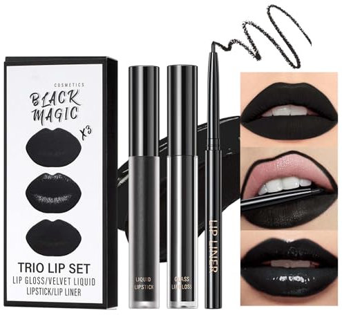EONFAVE Matte Flüssiger Lippenstift, 3 Stück Lipstick Set mit Langanhaltender Lipstick, Lipliner, Lipgloss, Wasserdichte, Feuchtigkeitsspendende, Non-stick Cup, Lippen Makeup für Halloween Party