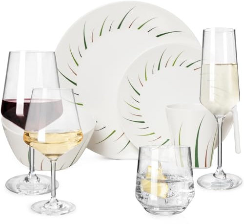 Melamin Camping Geschirr Set 4 Personen Limon Design + 16 Milano Gläser Wassergläser Weingläser Champagner-Gläser Flûtes Tafelgeschirr Picknick BBQ Kochgeschirr