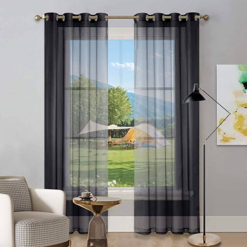 LIUNADM Verdunklungsvorhänge 50 x 265 cm Polyester, mit Ösen Transparent Querbehang Gardine Durchsichtig Tüllstoff für Küche Büros Wohnzimmer Schlafzimmer, Schwarz