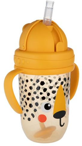 Canpol babies Trinklernbecher für Kinder mit Auslaufsicherer Strohhalm und Gewicht 6 m+ 270 ml, Trinken aus jedem Winkel (Orange BabiesBoo Cheetah)