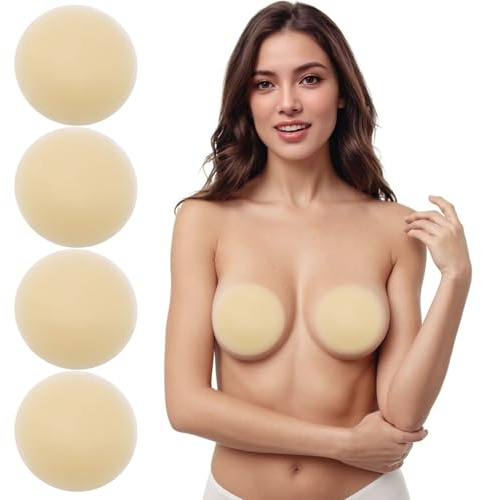 ANGELEMM Silicone Nipple Covers Invisible - 2 Pairs Breasties Reusable Pasties Adhesive Seamless Nipple Cover Push Up for Women Backless Party Dress (2# Dark Beige, 10CM)