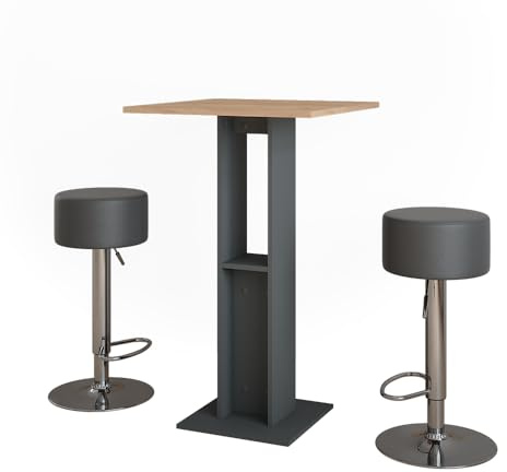 Vicco Set di tavoli da bar Repose, Rovere dorato/antracite, 65 x 65 cm con 2 sgabelli da bar, con ripiano laterale per la conservazione di bottiglie e bicchieri