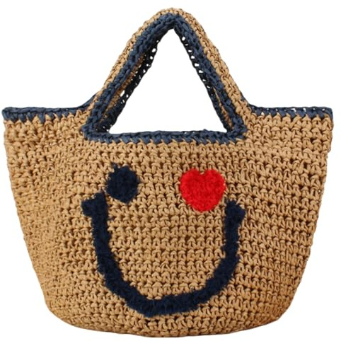 SZKCXBDB strohtasche Handgewebte Weiche Strohhandtasche Süße Gesicht Handtasche Einkaufstasche Sommer Strand Gewebte Tasche Handtasche-Blaue Kante