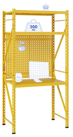 FlexiSpot Werkbank & Schreibtisch mit Regal und Lochwand – Stabiler Werkzeugtisch, bis 200 kg belastbar, vielseitig nutzbar in Werkstatt, Büro, Lager oder Zuhause (Gelb)