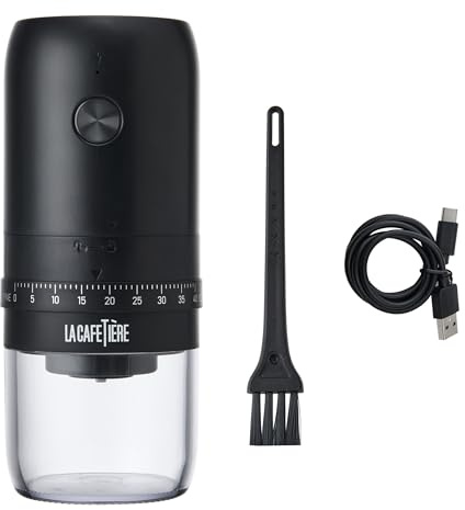 La Cafetière Electric Ceramic Burr Coffee Bean Grinder, Portable, Cordless & USB Rechargeable, Conical Coffee Grinder, Adjustable Grind Settings, Perfect for Travelling or Camping, Matte Black, 200ml