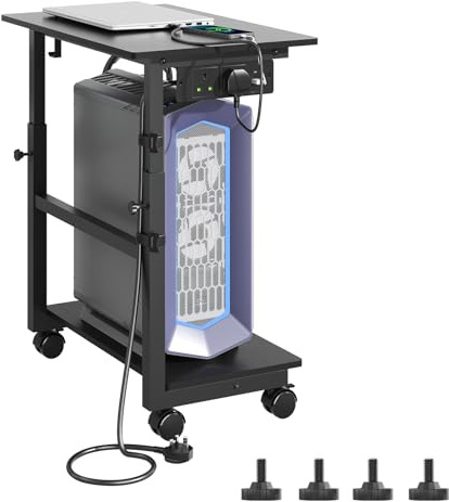 HavenlyYouth 2-stufiger Computer-Tower-Ständer mit Steckdose, höhenverstellbarer PC-Tower-Ständer mit Rollen, ATX-Gehäuse-CPU-Halterungswagen mit Haken für Zuhause, Büro und Gaming