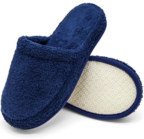 Lyxiga Memory Foam Tofflor – 100 % Frotté i Bomull – Halkfria, Stängd Tå, Tvättbara – För Kvinnor & Män – Perfekta för Hemmet, Spa, Bastu & Hotell – Marinblå, 38-42, WH-1