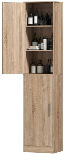 HOMCOM Meuble de Salle de Bain Colonne Étroit 40 x 35 x 180 cm Bois Naturel | 2 Portes, 4 Étagères Réglables, Meuble de Rangement, pour Salon, Toilette, Petits Espaces