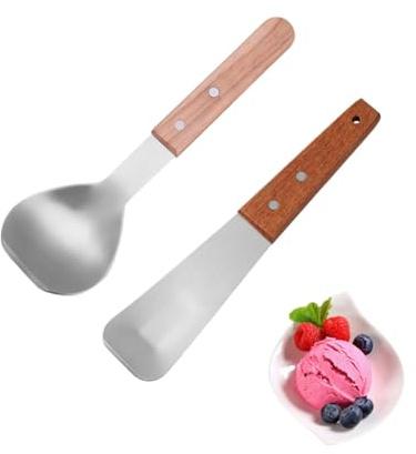 Stainless Steel Ice Cream Scoop Spade with Wooden Handle, Metal Flat Dessert Scoop Butter Blade Scraper Cutter Shovel for Dining Kitchen Cook Cake Spoon Scooper (Silver, 2 Pack)