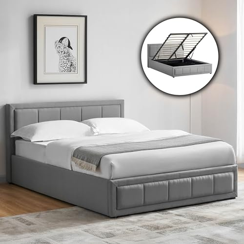 Vida Designs Vanita Double Ottoman Bed Frame with Mattress | Light Grey | 85 H x 147 W x 206 D cm | Upholstered Fabric | Cushion Headboard | Gas Lift | Large Storage | Space-Saving | Premium Furniture