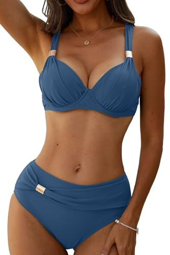 Yutdeng Bañador Dos Piezas Mujer Braga Alta Bikini Push Up con Aros Bikinis Reductor Barriga Talle Alto Vientre Plano con Pliegue Traje De Baño Mujer 2 Piezas Ropa de Baño Biquini