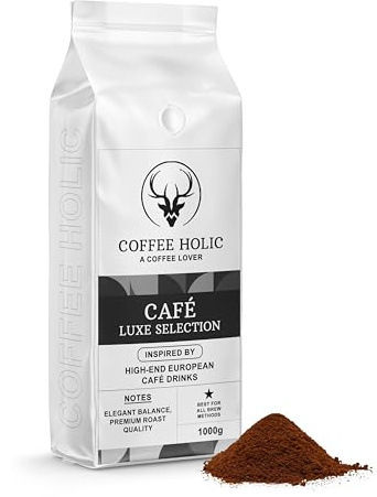 Coffeeholic European Cafe Luxe Ground Coffee 1kg – Premium Medium Roast, Elegant Balanced Flavour for Cafetiere, Espresso Machines & Moka Pot, Ground Coffee Gift Set for All Brew Methods
