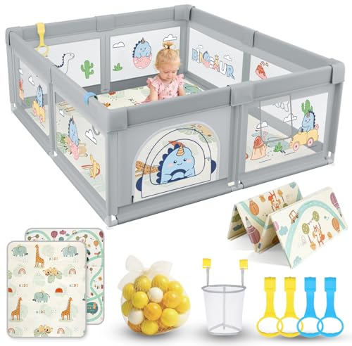 SOFTHOM Laufstall Baby 150x180 mit Matratze, Laufgitter mit 360°Atmungsaktivem Netz und Rutschfestem Bottom, Sicher Stabil Aktivitatszentrum fur Kinder mit 60 Ozeanballe, 4 Zugringen, Grau-Baby Dino