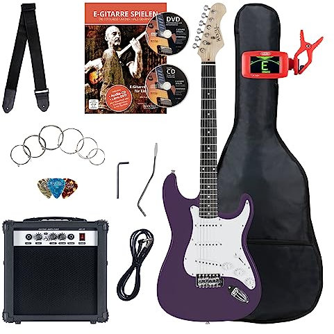 Rocktile ST-Pack Komplettset E-Gitarre Purple (Verstärker, Stimmgerät, Tremolo, Tasche, Kabel, Gurt, Plecs, Ersatzsaiten und Schule mit CD/DVD)