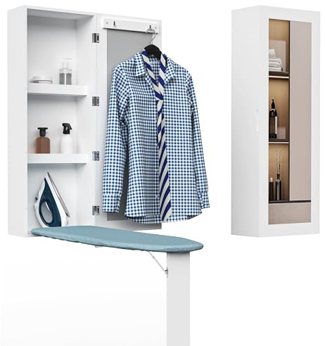 Organizedlife Wall Mounted Ironing Board with Storage Cabinet,Built in Ironing Board & Folding Support Leg, Wall-Mounted Mirrors for Home, Apartment & Small Spaces