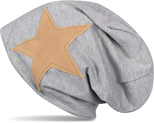 styleBREAKER Beanie Mütze mit aufgenähtem Kunstleder Stern, Slouch Longbeanie, Unisex 04024071, Farbe:Grau meliert (One Size)
