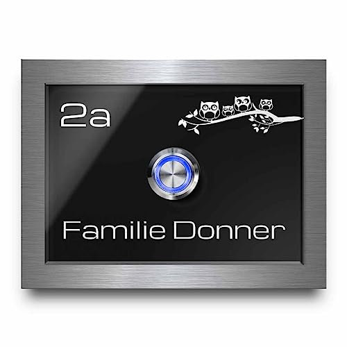 Moderne Türklingel mit Familiennamen und Motiv graviert | Klingelschild Modell Donner 12x9 cm - Optional mit Zubehör und beleuchtetem Klingeltaster