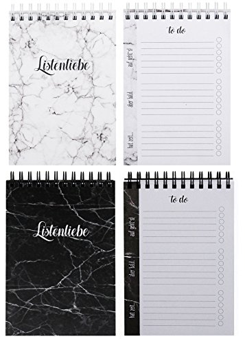 Montagsliebe® To Do Liste Doppelpack, 2 Stück, insgesamt 200 Seiten, Marmor-Design schwarz + weiß, DIN A6, Bundle Paar, Notizblöcke, Blöcke zum Abhaken, Ringbuch