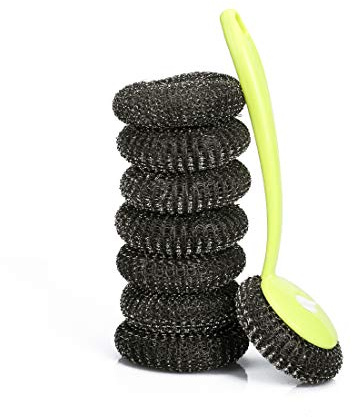 Stainless Steel Scourer Scrub Pad with Plastic Handle Cleaning Brush Stainless Steel Plastic Wire Scrubbers 8Pcs