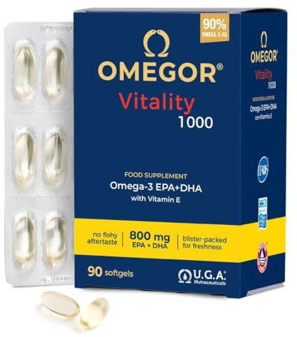 Omega 3 Capsules High Strength - OMEGOR Vitality 1000 Omega3 Supplement with 535mg EPA and 268mg DHA for Heart, Brain and Eye Vision - No Fishy Aftertaste (90 Softgel Caps)