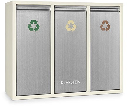 Klarstein Ordnungshüter 3 - Mülltrennsystem, Mülleimer, Mülltrenner, 45 Liter (3 x 15 L), Frontklappen mit Griff, Edelstahlgehäuse, farbliche Kennzeichnung, Recycling, creme-silber