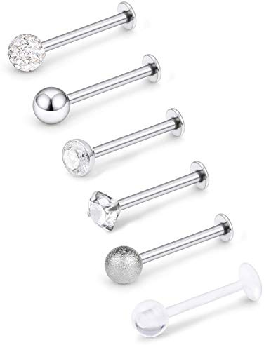 Mayhoop 6Piezas 16G Piercing Oreja Tragus Helix Acero Quirúrgico Plata Bola Zircón Labio Labret Studs Anillo de Labios Daith Cartílago Mujer Hombre Joyería de Piercing